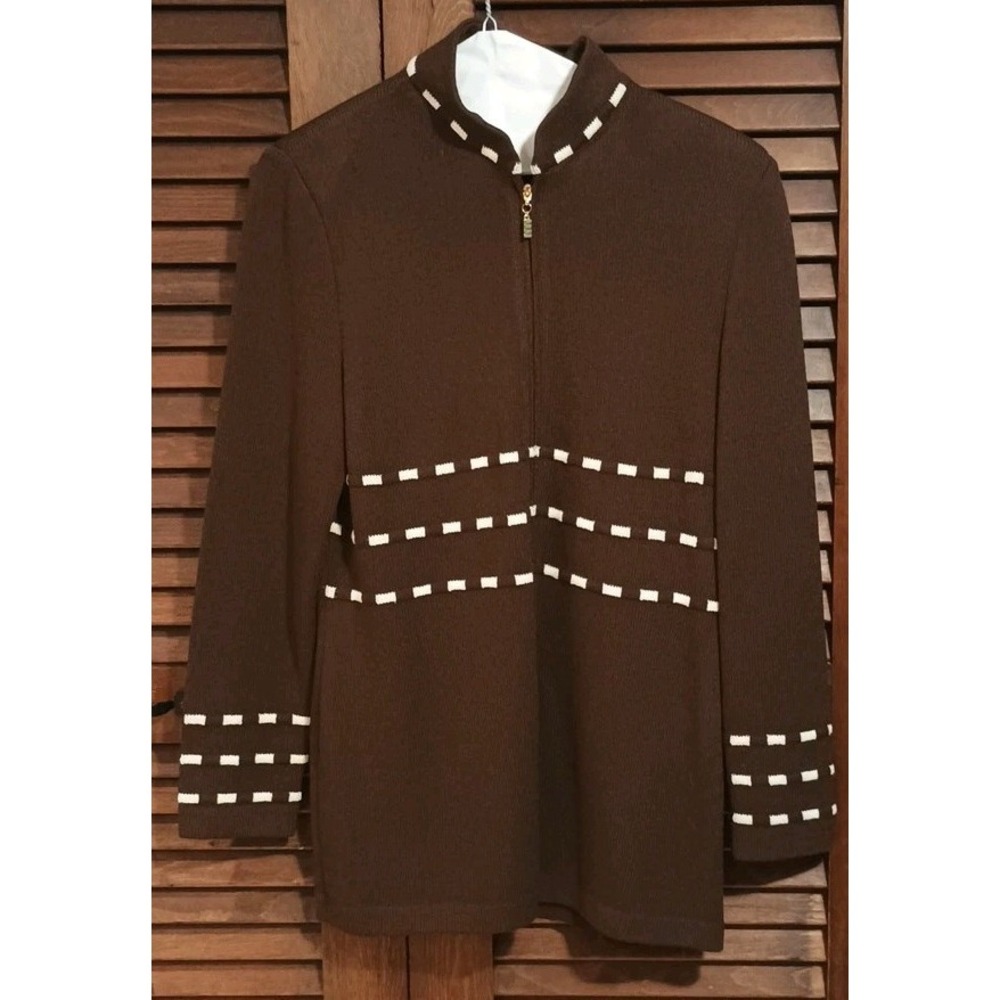 St. John By Marie Grey Brown  White Santana Knit Womens Sweater With Zipper SZ 2